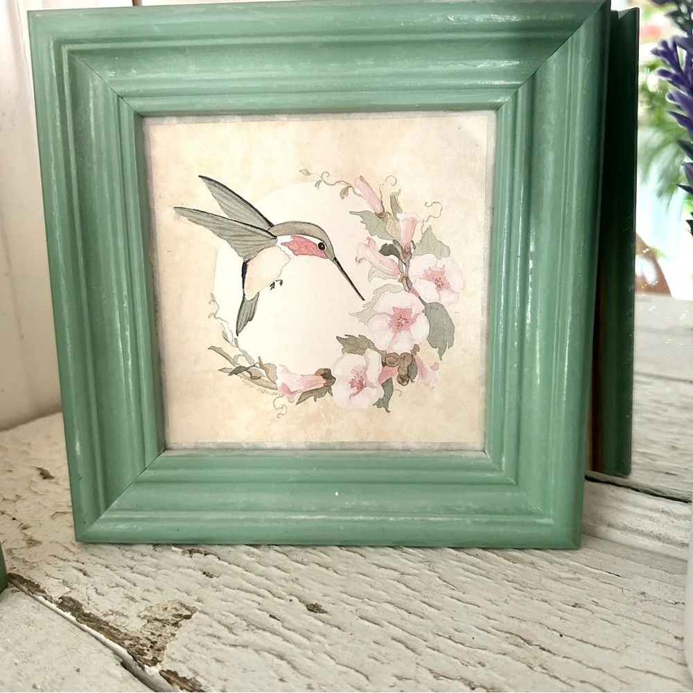Pair Hummingbird Floral Watercolor Style Vintage Prints Seafoam Framed Wall Art